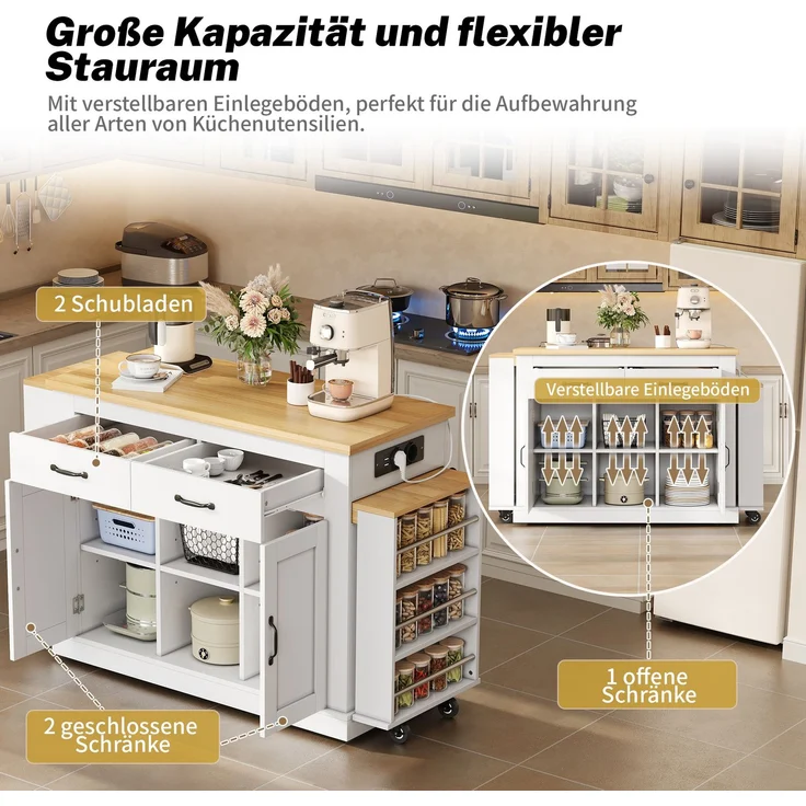 Merax 340cm Kücheninsel mit zwei ausziehbaren Arbeitsflächen,stilvolle mobile Insel,verstellbare Regalböden,2x220V-Steckdosen,2xUSB-Anschlüsse, Weiß – Bild 5