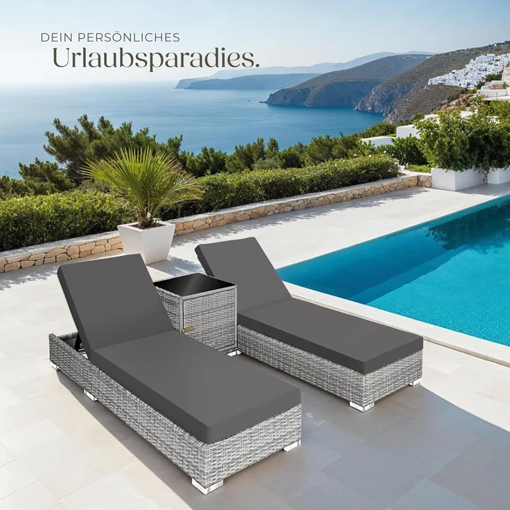 tectake 2er Lounge Sonnenliegen Set Plus Tisch – inkl. 2 Bezugsets und Schutzhülle, Outdoor Poly Rattan Gartenmöbel Set, 2X Gartenliege wetterfest - hellgrau – Bild 8
