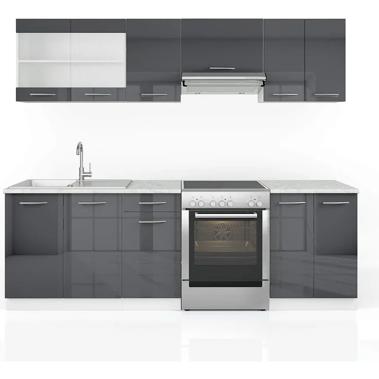 Küchenzeile R-Line Anthrazit Hochglanz/Weiß 240 cm, AP Marmor Vicco – Bild 1