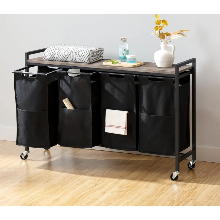 Wäschekorb mit Ablage und Rollen, 4 x 39,8 L, Oxford-Gewebe, Abnehmbar Greige – Bild 8