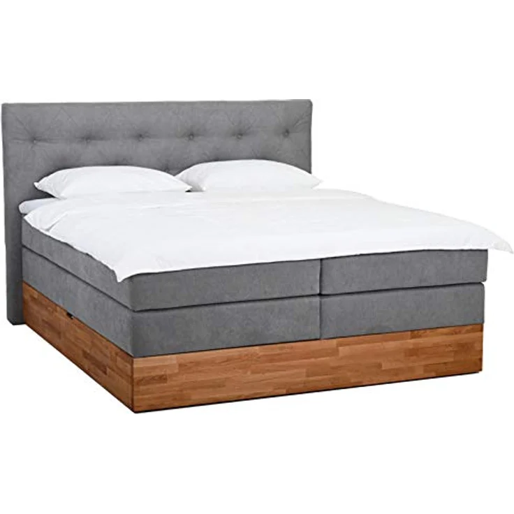 Belanoti MARBO Boxspringbett 180x200 mit Bettkasten 7-Zonen Taschenfederkern Matratze inklusive Visco Topper Bett 180x200 Eiche in der Farbe Hellgrau H2/H3 Polsterbett mit Massivholz Eiche – Bild 2