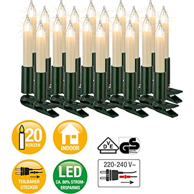 Hellum Lichterkette Weihnachtsbaumbeleuchtung, 16,3 m mit LED-Filament Schaftkerzen in elfenbein, für Innenbereich, VDE/GS zertifiziert – Bild 2