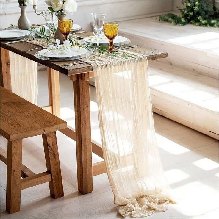 FUROKOY Tischläufer rustikaler Gaze-Tischläufer, Seihtuch, halbdurchsichtiger Stoff, Tischdecke für Boho-Hochzeit, Geburtstagsfeier, 90x400 cm – Bild 2