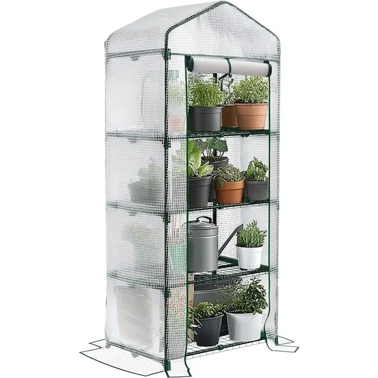 VOUNOT® Gewächshaus Foliengewächshaus, 4 Etagen Treibhaus Gartenhäuschen für Balkon mit 4 Regalebenen, Tomatenhaus Tomatengewächshaus, Weiß 69 x 49 x 160 cm