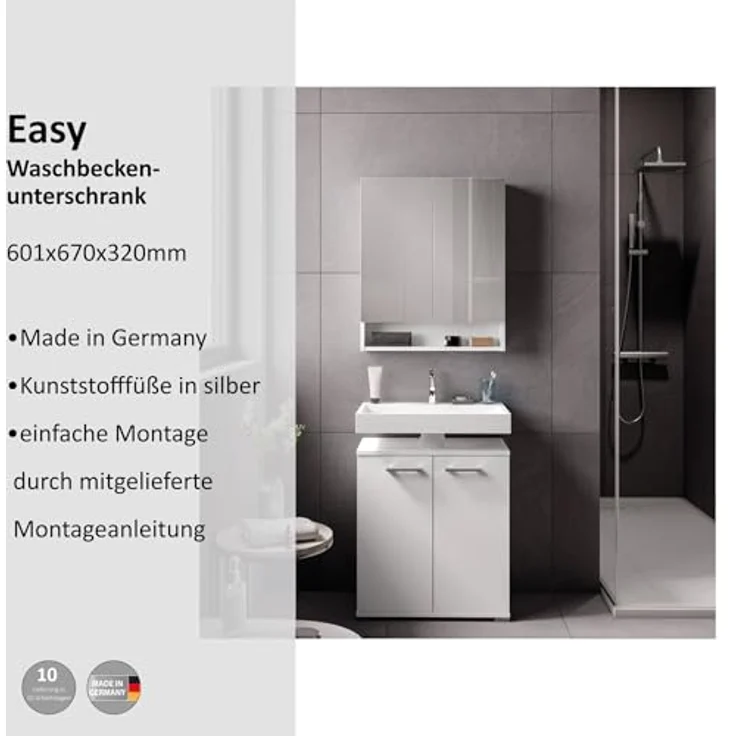 Fackelmann Easy Waschbeckenunterschrank 60 cm – Hochwertiger Badschrank in zeitlosem, weißem Design, stilvoll und platzsparend – Made in Germany – Bild 4