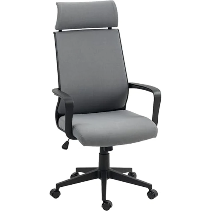 HOMCOM Bürostuhl, Ergonomischer Schreibtischstuhl mit Armlehne, Kopfstütze, Höhenverstellbarer Drehstuhl mit Wippfunktion, Computerstuhl mit Kunstwolle-Optik, Dunkelgrau – Bild 1