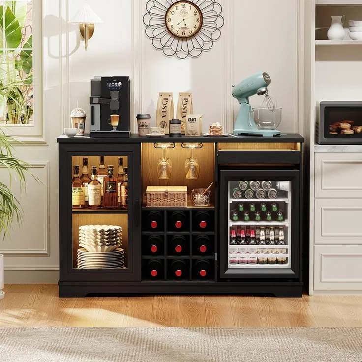Weinschrank 120x40x78 cm mit LED-Beleuchtung, 9 Weinregalen und 2 Glashaltern, Holz & Schwarz – Bild 1