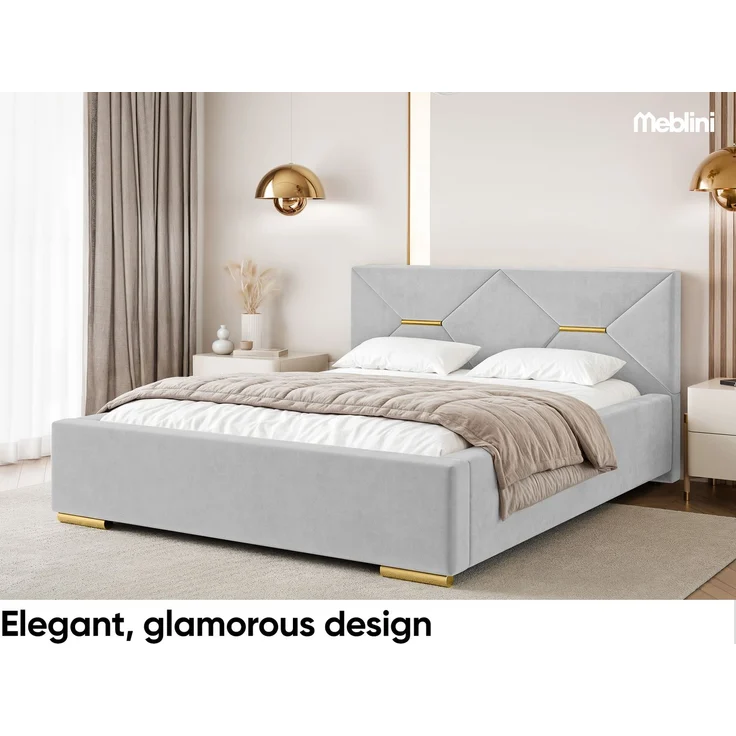 MEBLINI Polsterbett 160x200 mit Lattenrost mit Matratze – LIZZY – Hellgrau Samt – Doppelbett mit Bettkasten - Stauraumbett - Kopfteil Bett mit Stauraum – Bild 3