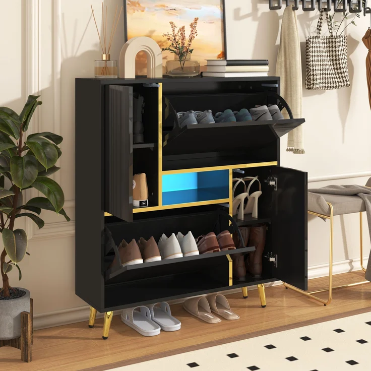 Schuhschrank, Spanplatte mit Hochglanzfront & LED-Licht (16 Farben), 80x25x96 cm, Schwarz – Bild 2