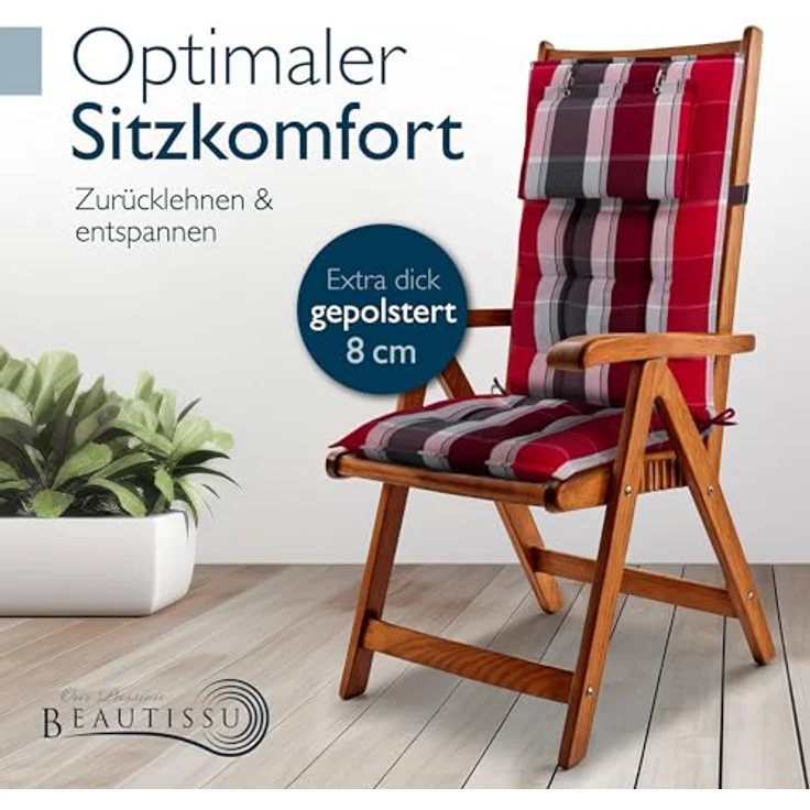 Beautissu Hochlehnerauflage 2er Set Sun-HL, 120x50x8cm, Rot-Anthrazit-Gestreift, mit Kopfpolster, rutschfest und robust, UV 5 Schutz – Bild 2