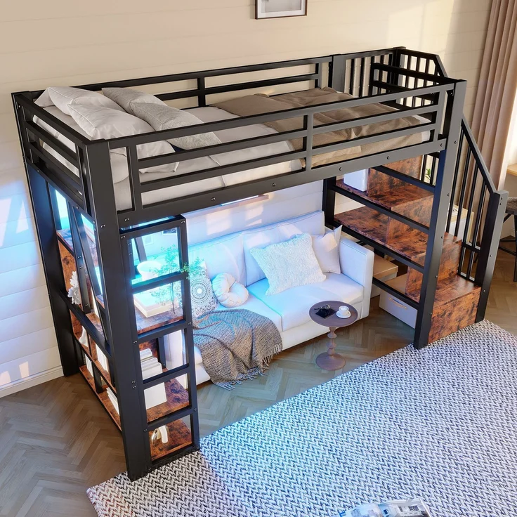 Hochbett mit RGB LED-Streifen und Regal, 90x200cm, Metallbett mit Rausfallschutz, Lattenrost und Treppe, Kinderbett – Bild 4