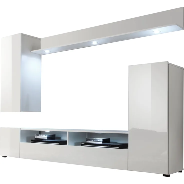 trendteam Anbauwand Wohnwand Weiß Hochglanz inkl. Beleuchtung 208 x 165 x 34 cm