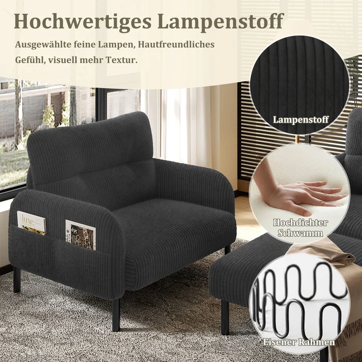 3-teilige Cord-Sitzgruppe aus 2-Sitzer-Sofa, Sessel und Hocker, gepolstertes Lounge-Set mit Seitentasche und Metall-Holz-Gestell, Grau – Bild 11
