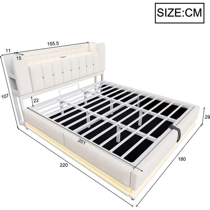 EINHOM Smartes Polsterbett 180 x 200 cm, Gepolstert, mit LED-Beleuchtung, USB- und Hydraulischem Stauraum, Weichem Samtbezug und Metallrahmen, Beige, (Ohne Matratze) – Bild 2