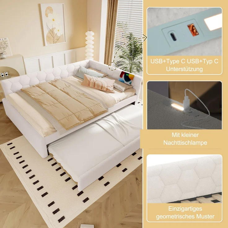 Daybett, 140*200cm Tagesbett, Schlafsofa, Bett mit Lattenrost (ohne Matratze), mit Nachttischlampe, mit multifunktionalem Ausziehbett, USB-Anschluss, Typ-C, Komfortmaterial, Vliesimitat, Weiß – Bild 2