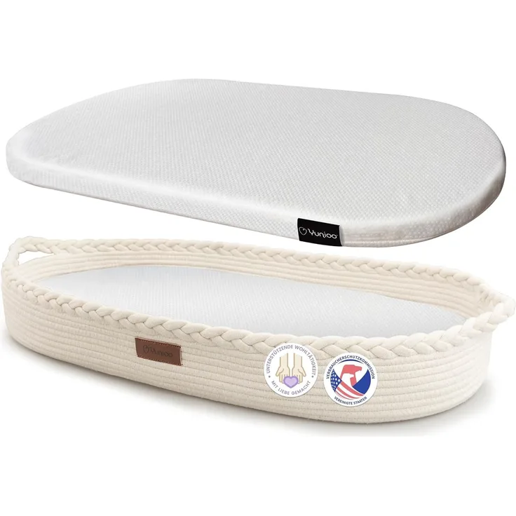 Yunioo Deluxe Baby Wickelkorb, Wickelauflage XL, mit extra Reise Windelauflage, Schaumstoff Wickelunterlage und wasserabweisender Abdeckung, Baumwollseil Babykorb, Wickeltischauflage für Kommode