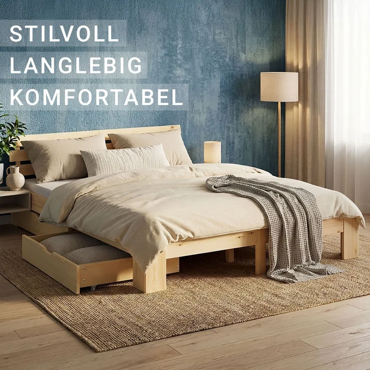 Holzbett 180x200 cm mit 2 Federkernmatratze & Bettkästen Doppelbett Bett Holzbettrahmen Natur Massiv Holz Lattenrost – Bild 8