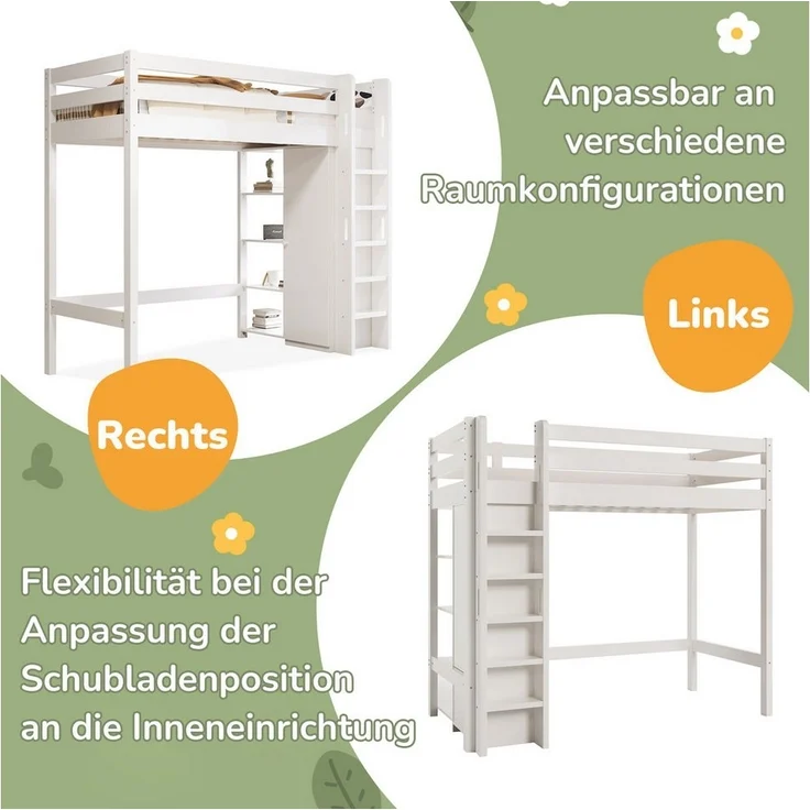 BlingBin Hochbett Kinderbett Einzelbett Jugendbetten 90×200CM (1-St, Weiß, Hochwertiges Material, Leicht zu Montieren) mit Kleiderschrank und 6 Regalen – Bild 2