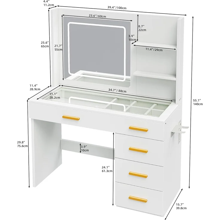 YITAHOME Schminktisch mit Beleuchtung, Dressing Table mit Spiegel Schminktische mit Hocker Farben mit Einstellbarer Helligkeit, Frisiertisch mit 5 Schubladen Offenen Fächern Vanity Table weiß – Bild 6