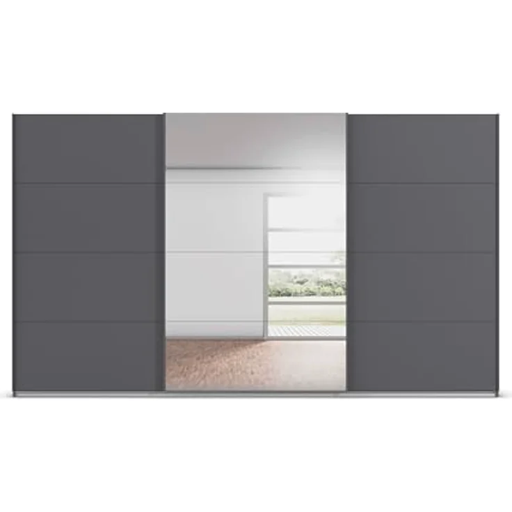 Rauch Möbel Kulmbach, Kleiderschrank mit Schwebetüren für Schlafzimmer, Kinderzimmer, Jugendzimmer, Garderobe, Flur, 3-türig, mit Spiegel, Zubehör Basic, Farbe Grau metallic, Schwarz, Breite 360 cm – Bild 9