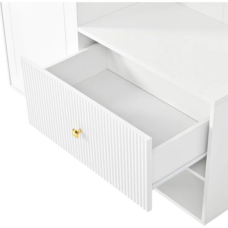 Flieks Garderoben-Set 100 x 35 x 175.5 cm mit Rundbogenspiegel, Türen, Schubladen und goldfarbenen Haken, Weiß – Bild 9