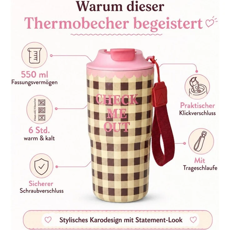 rice Thermobecher RICE Thermobecher Check Me Out 550 ml pink kariert, 1-tlg, Edelstahl, Schraubverschluss – Bild 3