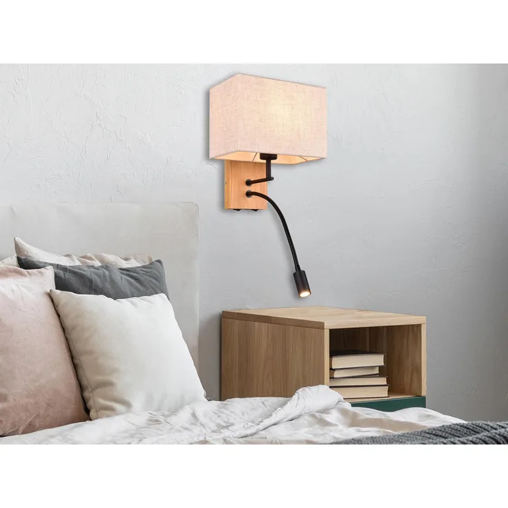 Wandleuchte NILAM mit LED Leselampe & eckigem Stoffschirm in Beige, Höhe 30cm