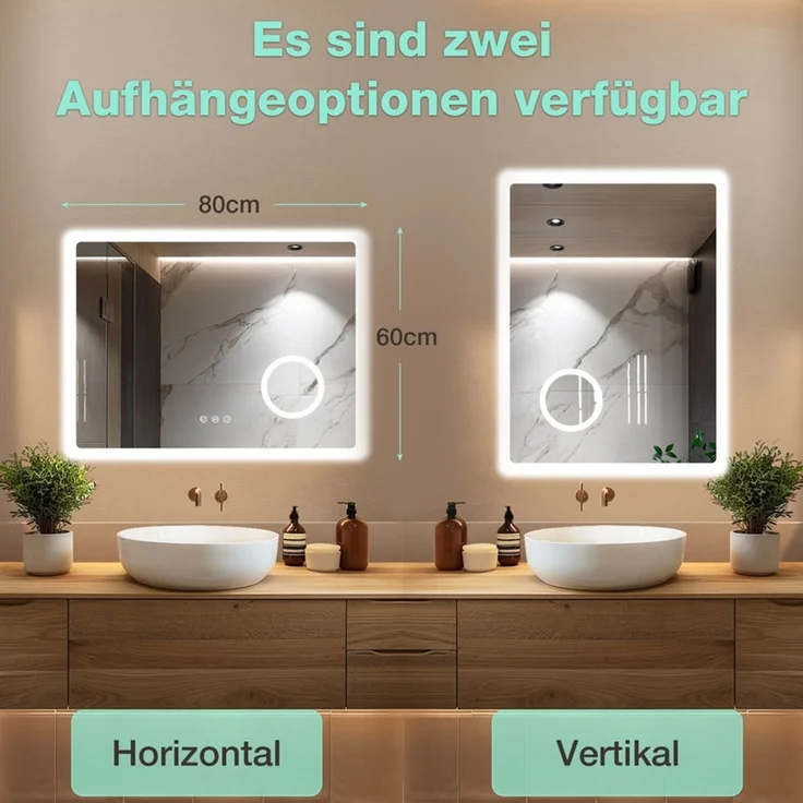Gimbelen LED Badspiegel 80x60 cm, rechteckig, mit 3 Lichtfarben & Dimmfunktion, 3-fach Vergrößerung, Rasiersteckdose, Antibeschlag & Speicherfunktion, IP44, Silber – Bild 8