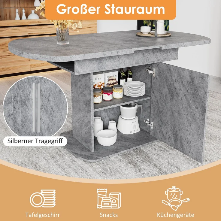 Ausziehbarer ovaler Esstisch, L110/130*W70*H75cm,Esstisch mit Stauraum, Kaffee-Freizeittisch, moderner minimalistischer Esstisch, platzsparender multifunktionaler Esstisch, Betonoptik+silberner Griff – Bild 4