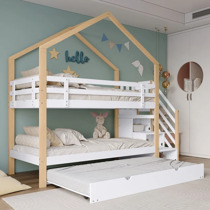 Etagenbett 90×200 cm mit Rausfallschutz & ausziehbarem Bett 90×190 cm, Natur/Weiß, ohne Matratze – Bild 4