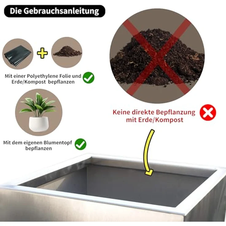 Köhko Pflanzkübel KÖHKO® Pflanztrog aus Edelstahl matt gebürsteter Pflanzkübel eckig – Bild 6
