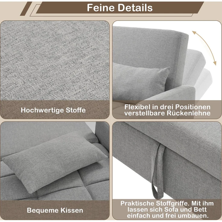 Klappsofa Schlafsofa ausziehbar Baumwoll-Leinen verstellbare Rückenlehne Gästebett Multifunktion Sofa-Bett,Grau – Bild 5