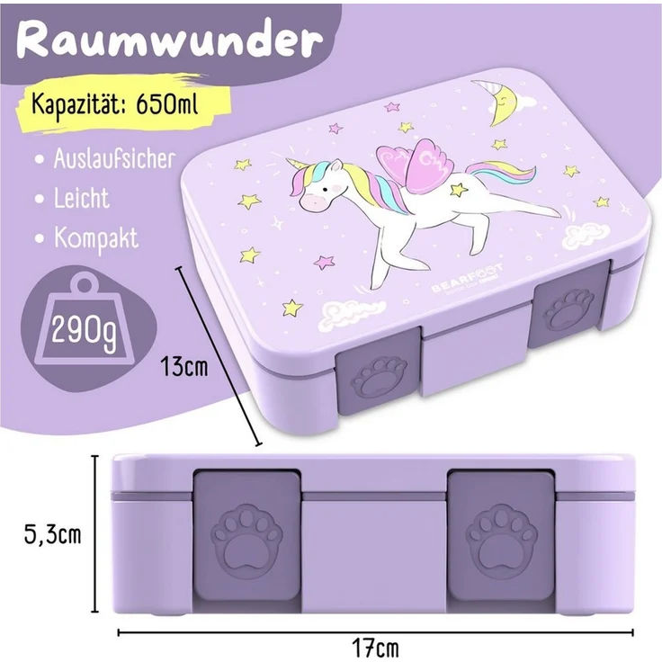 BEARFOOT Lunchbox Brotdose mit Fächern, auslaufsicher - Einhorn lila 650ml, PP, ABS, Silikon, Kindergarten und Schule - Mädchen und Jungen, Vesperbox, Snackbox – Bild 2