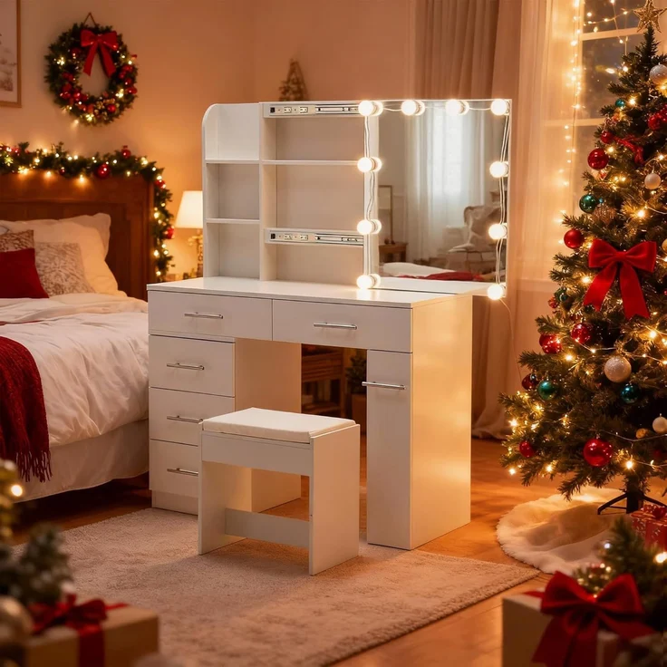 Thanaddo Schminktisch Schminktisch mit Schiebespiegel, 5 Schubladen und offenen Regalen (1 x Schminktisch, 1 x Hocker, 1 x Anleitung), 5 Schubladen, 4 offene Regale, großes Fassungsvermögen – Bild 2