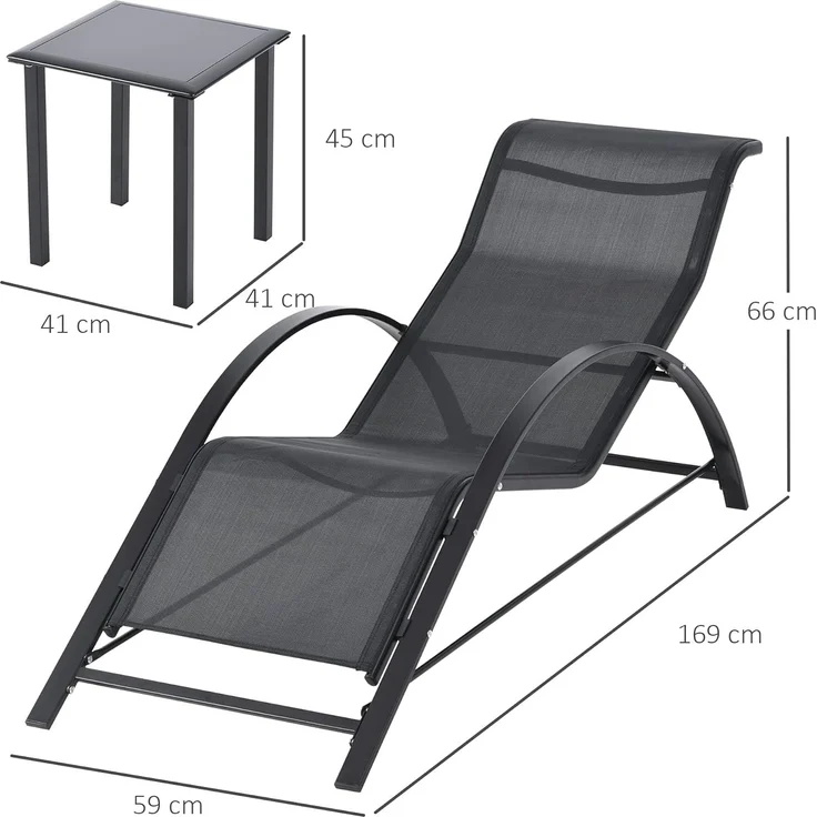 Outsunny Gartenliege Sonnenliege-Set mit Tisch, 2 Liegestühlen, Liege, 3 St, Relaxliege, für Balkon, Terrasse, Schwarz – Bild 7