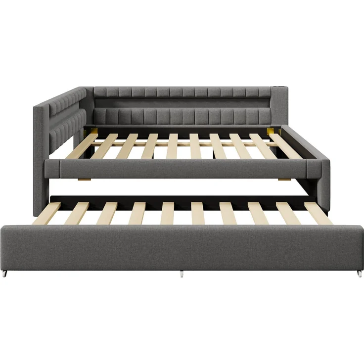 Polsterbett mit Lattenrost, Gästebett, USB und Type-C Anschlüssen, 140x200cm, Schlafsofa, Doppelbett, Leinen – Bild 6