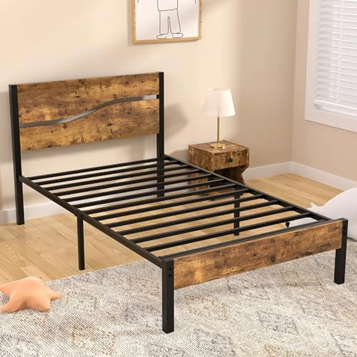Bettgestell 90x200 cm, Einzelbett mit Metall Lattenrost und Dickem Holzkopfteil, Stabil Geräuschlos, Gästebett und Jugendbett für Schlafzimmer, Braun – Bild 6