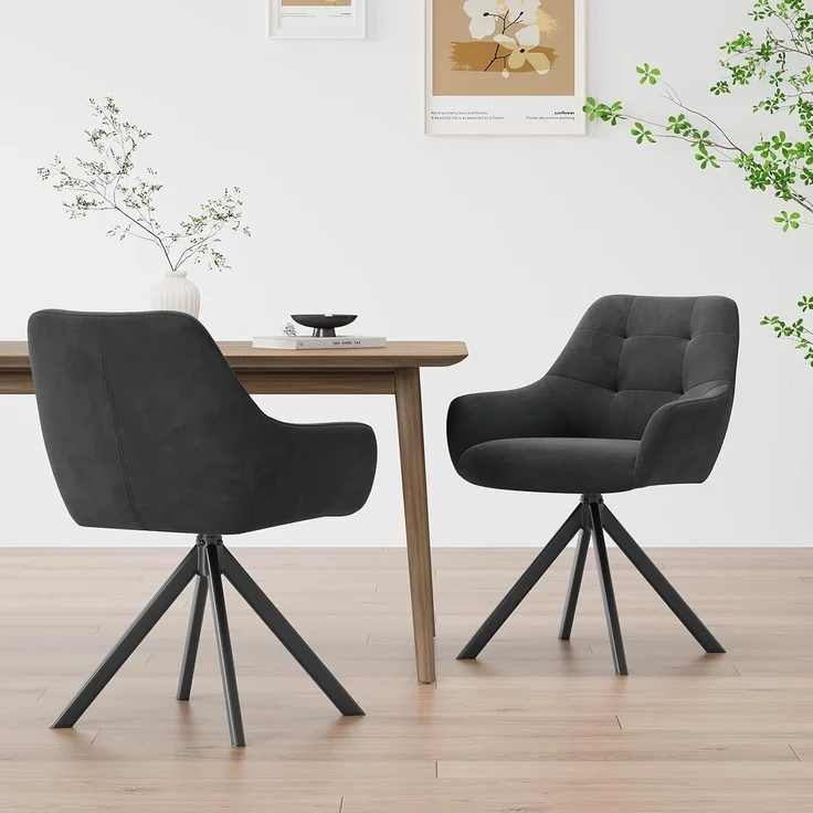 COLAMY Drehbare Esszimmerstühle 2er Set, Esszimmerstühle Drehbar mit Armlehne, Armlehnstuhl Drehbar mit Rückenlehne für Esszimmer, Stühle aus Weichem Florstoff mit Metallgestell für Küche, Grau – Bild 2