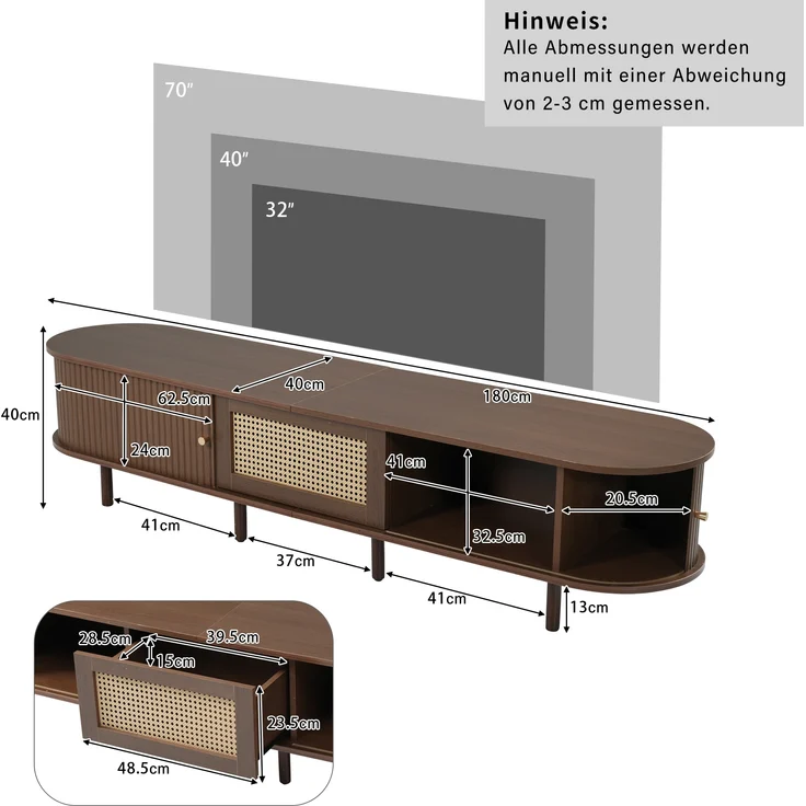 TV-Schrank MDF Rattan-Design mit Schublade & Schiebetüren 180x40x40 cm Nussbaum dunkel – Bild 10