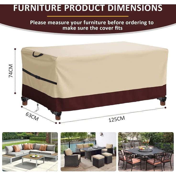 Aipwerer Abdeckung Gartenmöbel Wasserdicht, Abdeckplane für Gartenmöbel Winterfest, 420D Schutzhülle Abdeckhaube für Gartentisch Garten Möbel Tisch Rechteckig (Beige & Braun, 125 x 63 x 74 cm 600D) – Bild 2