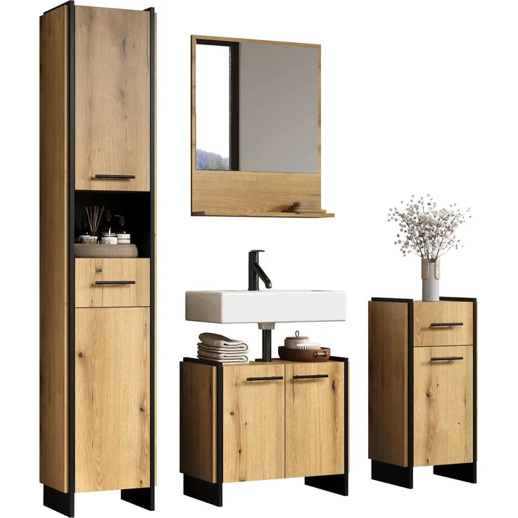 trendteam smart living - Safiya - Badmöbel - Eiche/Schwarz - Set mit Hochschrank, Waschbeckenunterschrank, Standschrank und Wandspiegel - (BxHxT) 154 × 190 × 34 cm - Industrieller Stil