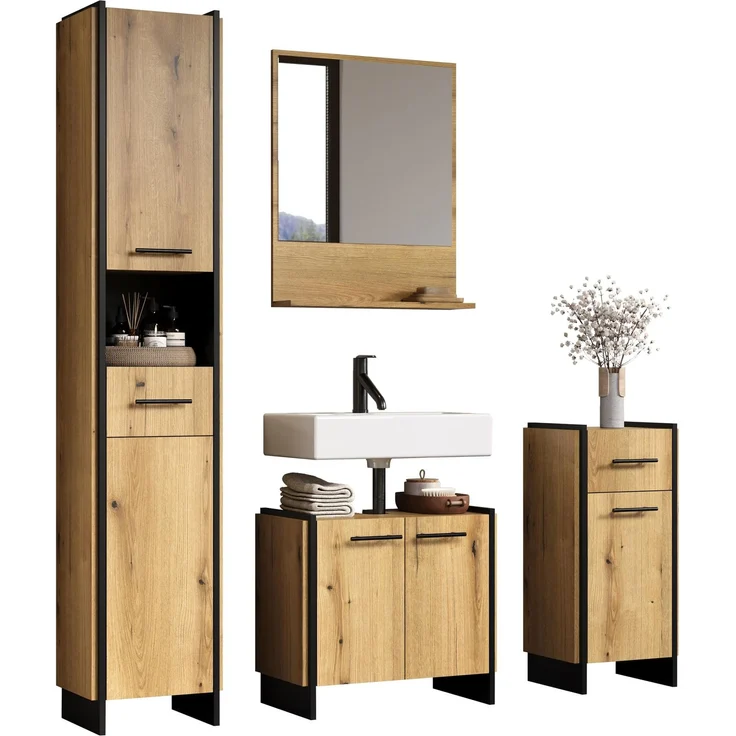 trendteam smart living - Safiya - Badmöbel - Eiche/Schwarz - Set mit Hochschrank, Waschbeckenunterschrank, Standschrank und Wandspiegel - (BxHxT) 154 × 190 × 34 cm - Industrieller Stil