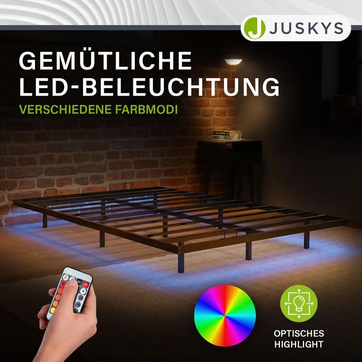Juskys Metallbett Palamos 140x200 cm mit Matratze, Lattenrost & LED Beleuchtung - Schwebebett minimalistisch & modern - Bettgestell, Bett - Schwarz