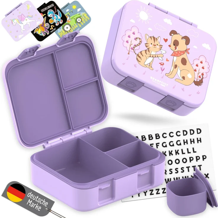 BEARFOOT Bento Box COMPACT Kinder Brotdose (Hund&Katze-lila, 1.000 ml) | BPA-frei, auslaufsichere Lunchbox mit Fächern, für Schule & Kindergarten, für Mädchen & Jungen, leicht & kompakt
