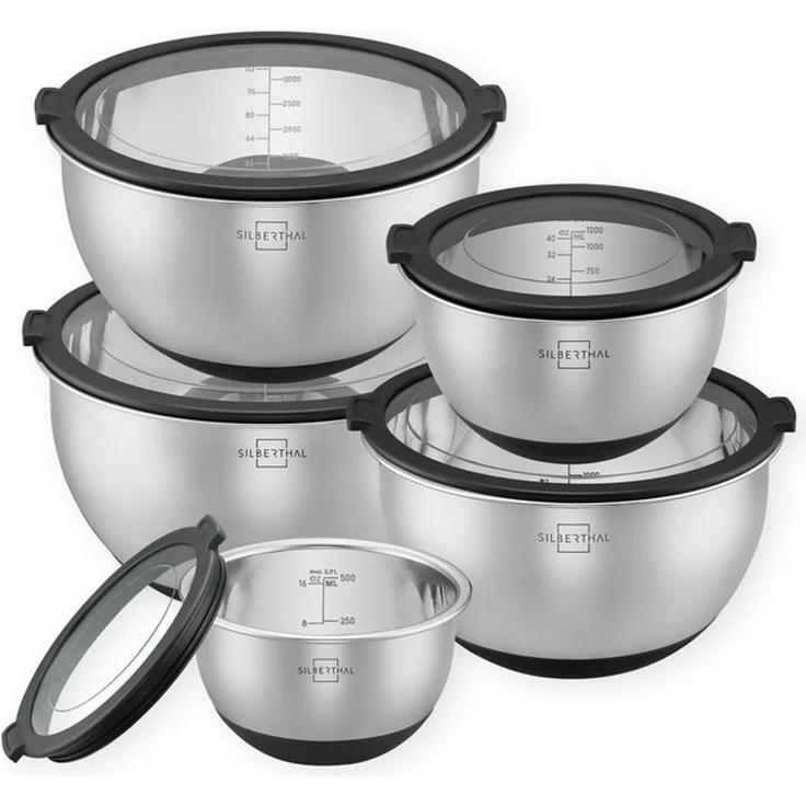 SILBERTHAL Rührschüssel Salatschüssel 5er Set, Edelstahl, (5-tlg), Rutschfest dank Silikonboden, mit integrierter Skala – Bild 4