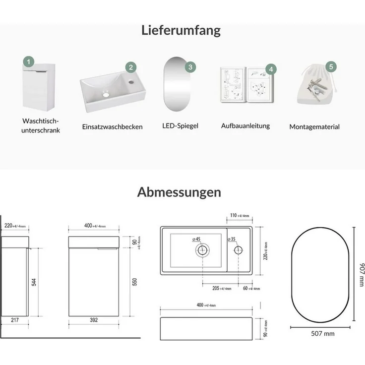 Planetmöbel Badmöbel-Set Badmöbel-Set 40cm mit Spiegel, (Waschbecken mit Unterschrank, 3-St, Spiegel mit Beleuchtung) – Bild 2