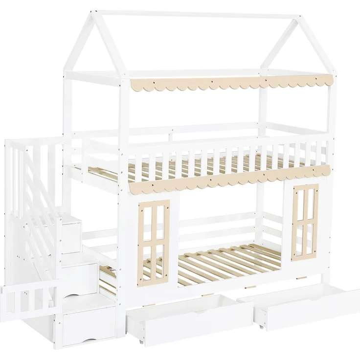 ZUBALIYA Etagenbett, Kinderbett, Hausform, Seitlicher Stauraumschrank mit Leiter, 2 Schubladen, Dekorative Holzfenster und Zierleisten, Kiefer+MDF, Weiß+Natur, 90x200 cm, Natur / Weiß – Bild 19