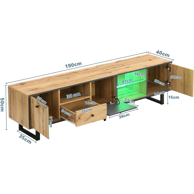 TV-Schrank Holz Grau Anthrazit 190 x 40 x 50 cm, LED-Beleuchtung & Glasböden,mit 3 Türen, 3 offenen Fächern – Bild 10