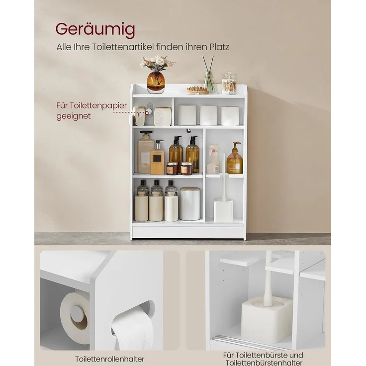 Vasagle Badezimmerschrank, Badschrank platzsparend, Toilettenrollenhalter, Toilettenbürstenhalter, Schiebetüren, verstellbare Einlegeböden, neben der Toilette, 20 x 60 x 80 cm, wolkenweiß BBC752W01 – Bild 5