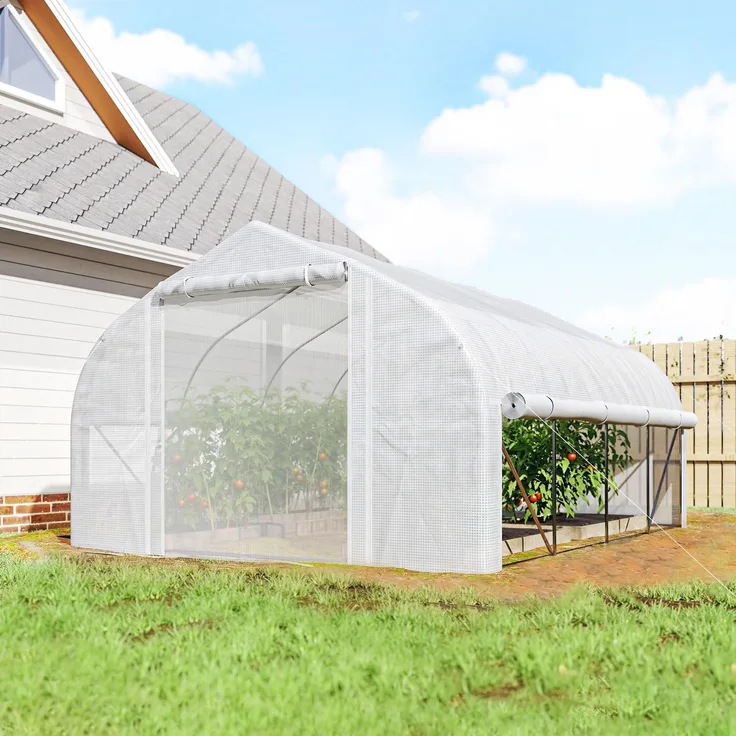 Wohnora-12 m² großes Gartentunnelgewächshaus mit Tür und 8 Fenstern, 140 g/m² PE-Folie, 400 x 200 x 200 cm, weiß,H 2000cm x T 1560cm x B 3000cm